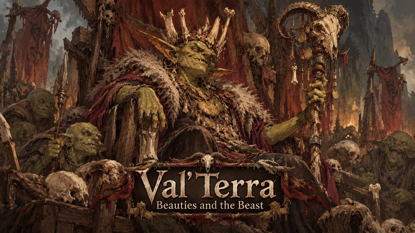 A goblin king on a bone throne, cover art for Beauties and the Beast.
