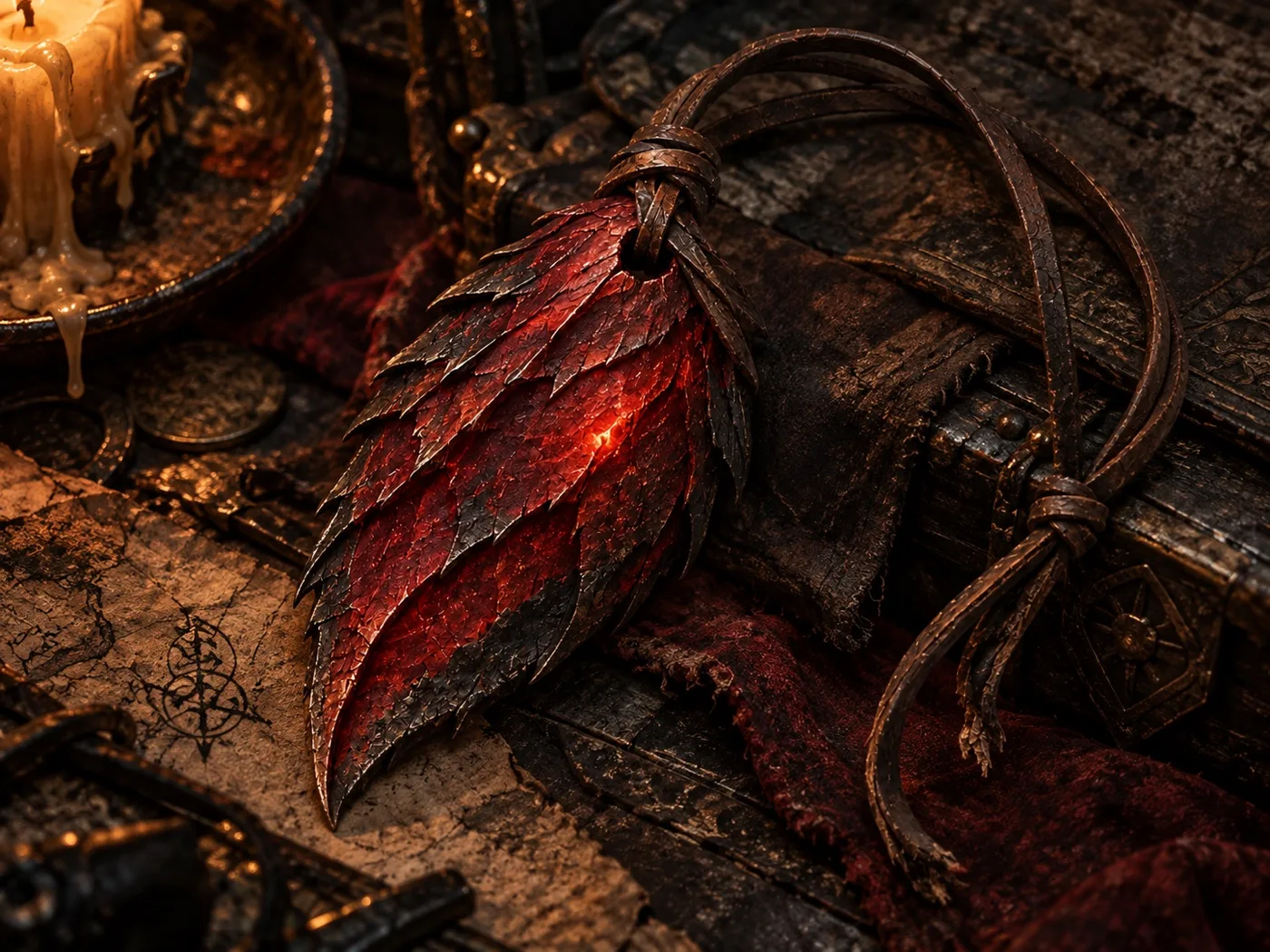 The Ember Scale, a glowing red feathered pendant on a dark table.